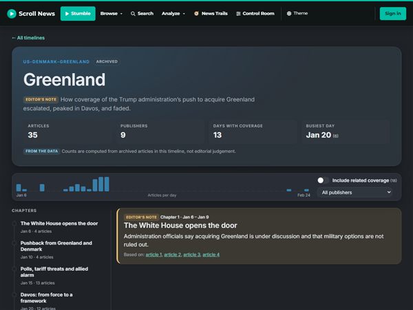 Screenshot of the Greenland Coverage Timeline showing the chronological chapter rail and editorial chapters