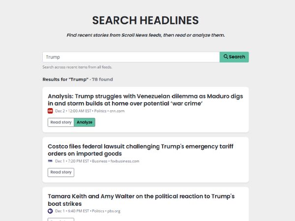 Screenshot of news search results in Scroll News